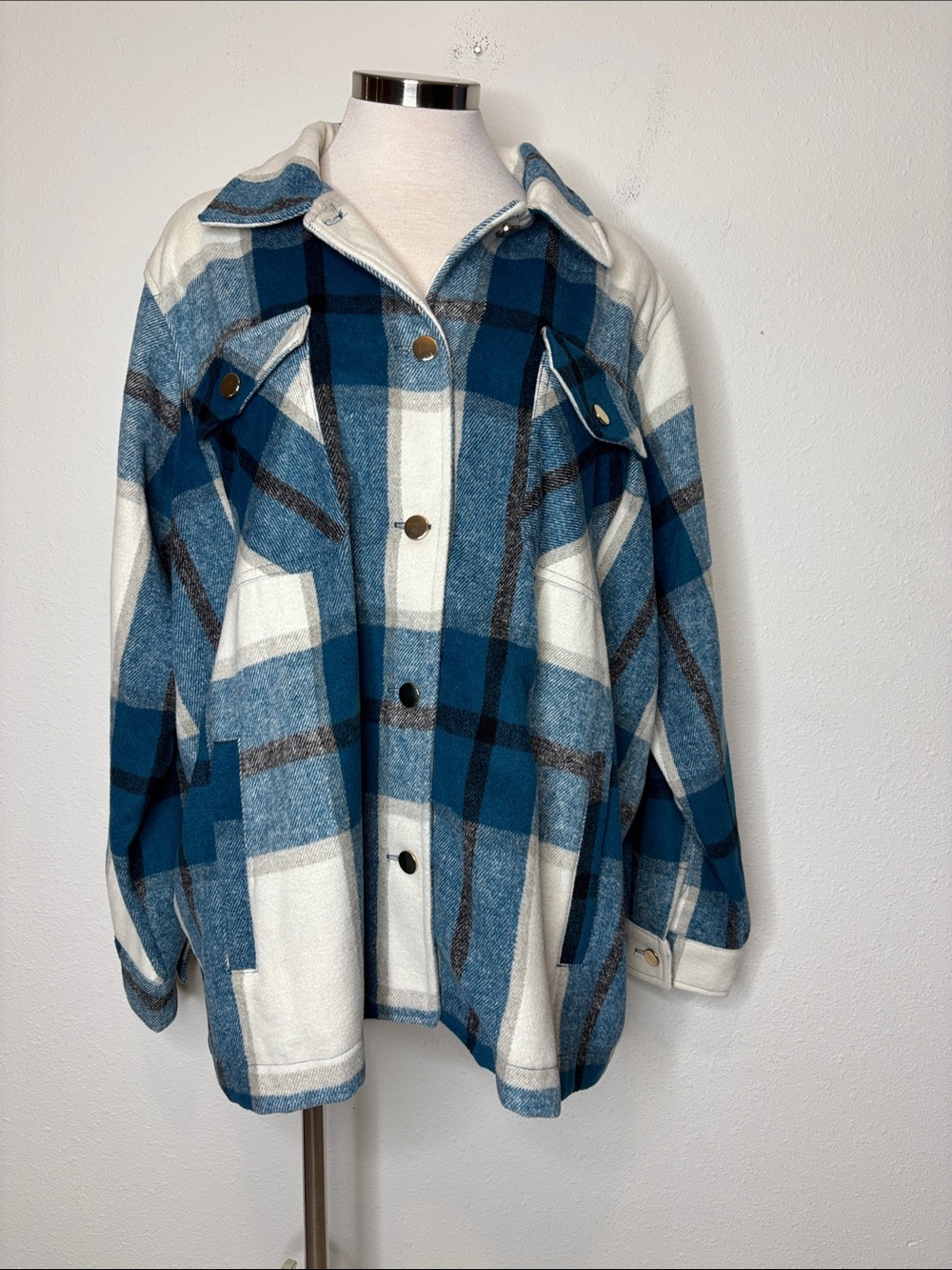 Zenana Outfitters Blue and White Plaid Shacket